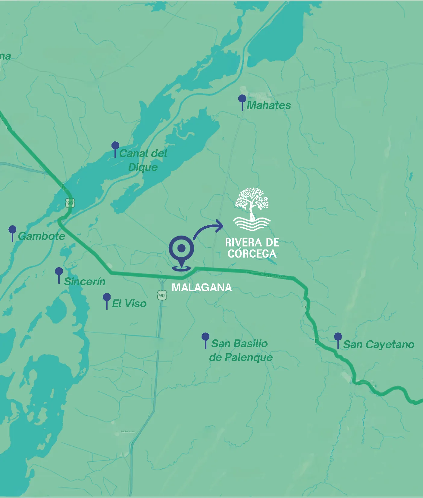 Mapa de ubicación de los lotes Rivera de Córcega en Malagana, Mahates, Bolívar